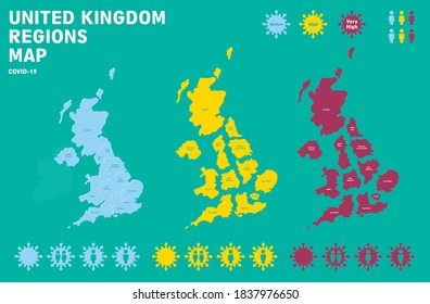 Vector Illustration United Kingdom Regions Map. UK Lockdown Covid-19 Infographic Three Tier System