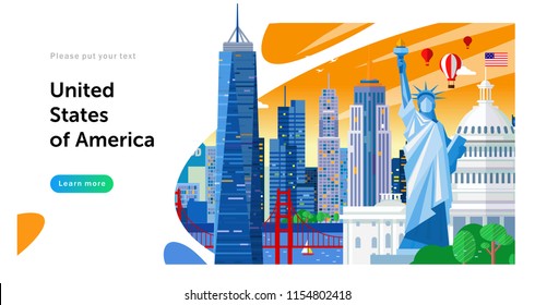 vector illustration of United States of America landmarks, travel america template design,concept for the web or polygraphy of the USA