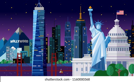 vector illustration of United States of America landmarks, travel america template design,concept for the web or polygraphy of the USA