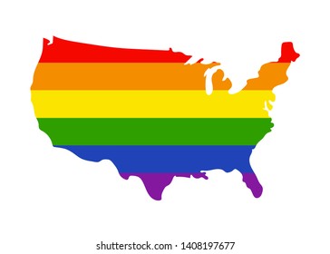 Vector Illustration of United States of America. LGBTQ+ Rainbow Flag in the Background.