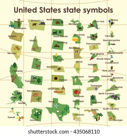 vector illustration  / united states of america symbols on the map / states shapes with connected names and symbolics