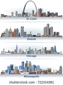 vector illustration of United States city skylines; St. Louis, Detroit, Chicago and Minneapolis