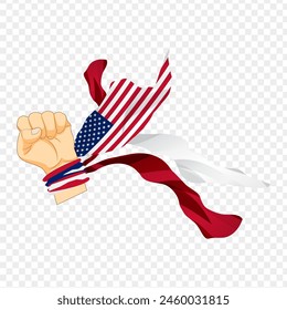Vector illustration of United States flag wrapped on fist hand on transparent background
