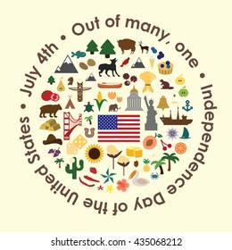 vector illustration / united states independence day greeting card / states symbols in circle design with a phrase  "Out of many, one" around the shape