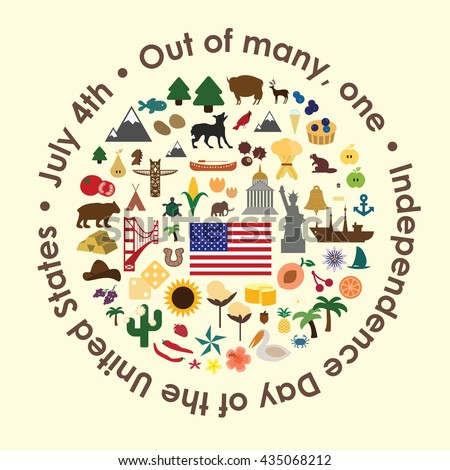 vector illustration / united states independence day greeting card / states symbols in circle design with a phrase  "Out of many, one" around the shape