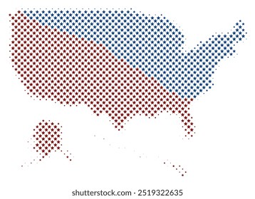 Uma ilustração vetorial do mapa dos Estados Unidos preenchido com estrelas vermelhas e azuis, simbolizando a eleição americana de 2024. Perfeito para campanhas políticas, gráficos eleitorais e desenhos patrióticos.