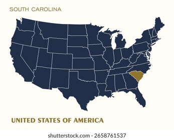 Vector illustration of the United States map with South Carolina highlighted in gold. Perfect for educational