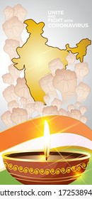 VECTOR ILLUSTRATION FOR UNITY AND FIGHT AGAINST WITH DEADLY CORONA VIRUS, ILLUSTRATION IS SHOWING GOLDEN INDIAN MAP AND LAMP ON BACKGROUND OF INDIAN FLAG COLORS AND UNITE HANDS 