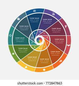 Vector illustration universal flat template elements Infographics conceptual cyclic process 10 positions possible to use for workflow, banner, diagram, web design, timeline, area chart,number options
