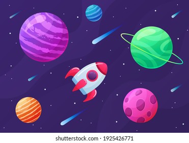 Vector illustration of the universe in cartoon style. Space, spaceship and colorful planets. Rocket in outer space
