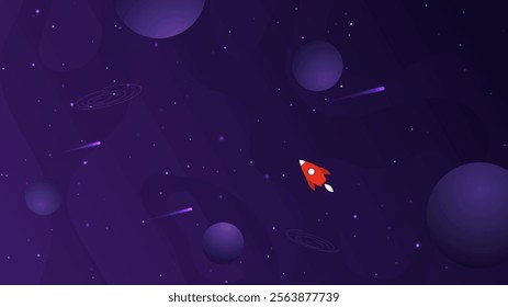 Vector illustration. Universe exploration concept. Red rocket flies through purple space with stars and planets. Outer space panoramic wallpaper. Design for web banner, website or game template