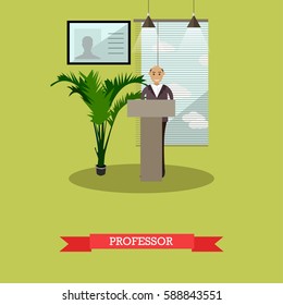 Vector illustration of university professor, senior man. Lecture, seminar. Higher education concept design element in flat style.