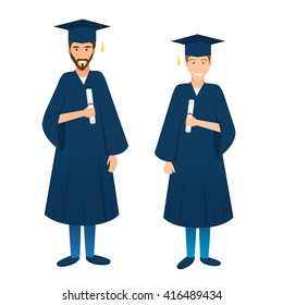 Vector illustration of university students graduation. Cartoon flat style. Two young graduates with diplomas in dark blue robes, gown and academic hat. Joy and happy men Isolated on white background.