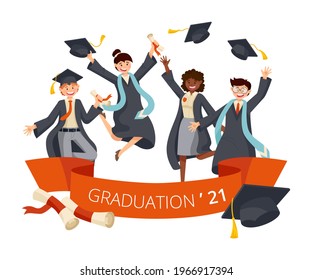 Vector illustration with university students or high school graduates, isolated on white background. Graduating students in cartoon style for design brochures, flyers, banners and others.