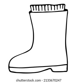 Vector Illustration. Unpainted Rubber Boot Isolated On White. Spring And Garden Theme. Hand Drawn Simple Doodle Clipart. For Greeting Card, Poster, Collage, Wrapping, Print, Coloring Book 