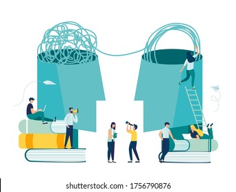 Vector illustration, unraveling difficult situations, brainstorming, social psychiatry concept, educational process