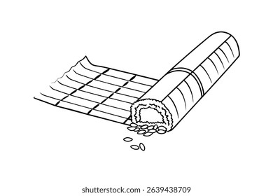 Vector illustration of unrolled sushi roll on bamboo rolling mat and scattered rice