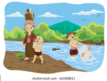 Vector illustration of An unspoiled river. The man is fishing. A mother takes drinking water for her son. Great for Children Illustration.