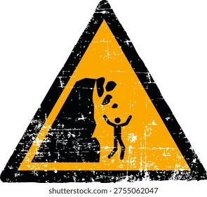 Vector illustration of an unstable cliff and falling rocks hazard sign with a grunge texture. Worn scratched yellow triangle symbol showing a person hit by rocks isolated on white background. Meets international safety sign standards including ISO 7010 W053 ANSI Z535 OSHA and DIN 4844. Distressed industrial danger emblem for outdoor safety.