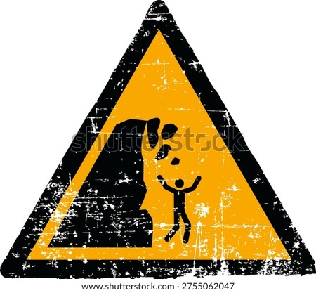 Vector illustration of an unstable cliff and falling rocks hazard sign with a grunge texture. Worn scratched yellow triangle symbol showing a person hit by rocks isolated on white background. Meets international safety sign standards including ISO 7010 W053 ANSI Z535 OSHA and DIN 4844. Distressed industrial danger emblem for outdoor safety.