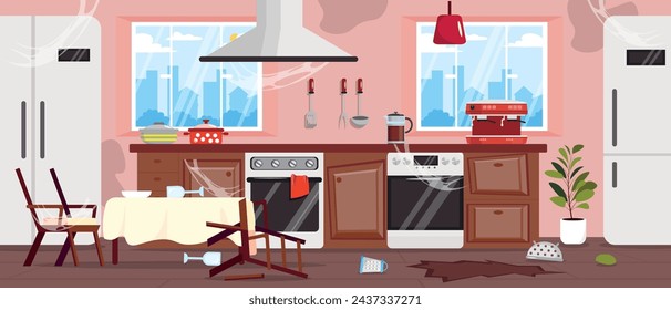 Ilustración vectorial de una cocina desordenada y descuidada. Escena de dibujos animados de una cocina sucia con una mesa, sillas volcadas, platos, una grieta en el suelo, telarañas, un refrigerador, una estufa de gas, una máquina de café.