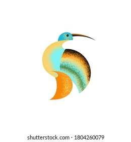 Ilustración vectorial de un pájaro colibrí inusual, brillante y estilizado sobre un fondo blanco. Logotipo. Diseño plano.
