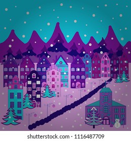 Vector illustration. Unusual christmas illustration. Landscape in magical forest. Postcard on blue, violet and pink colors. Amazing fairy house decorated at christmas style.