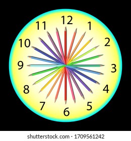 Ilustración vectorial diseño inusual de reloj hecho de lápices de colores