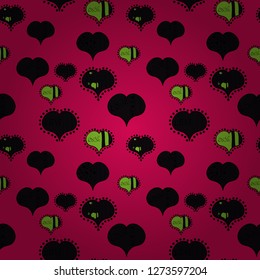 Vector illustration. Unusual designs. Cute hearts love on magenta, green and black colors on nice background. Valentines day seamless background.