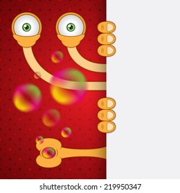 Vector illustration. Unusual funny orange cartoon alien eyes with red dots background and bubble blower. Closeup.