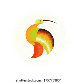 Vector illustration of an unusual, vibrant, stylized hummingbird bird out on a colored background. Logo. Flat design.
