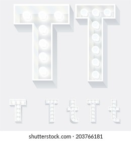 Vector illustration of unusual white lamp alphabet for light board. Letter t