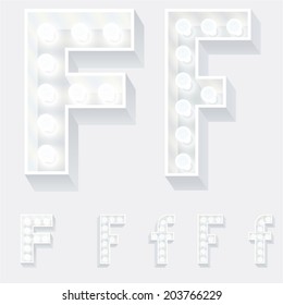 Vector illustration of unusual white lamp alphabet for light board. Letter f