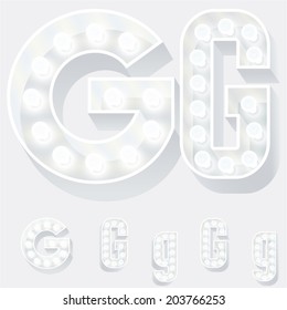 Vector illustration of unusual white lamp alphabet for light board. Letter g