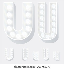 Vector illustration of unusual white lamp alphabet for light board. Letter u