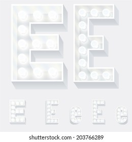 Vector illustration of unusual white lamp alphabet for light board. Letter e