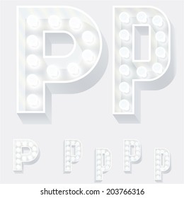 Vector illustration of unusual white lamp alphabet for light board. Letter p