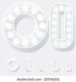 Vector illustration of unusual white lamp alphabet for light board. Letter o