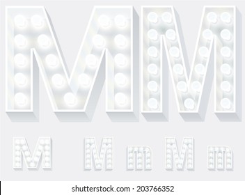 Vector illustration of unusual white lamp alphabet for light board. Letter m