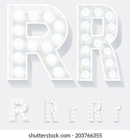 Vector illustration of unusual white lamp alphabet for light board. Letter r