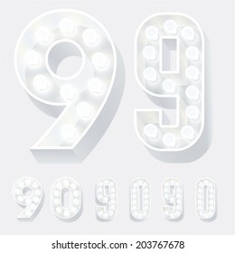 Vector illustration of unusual white lamp alphabet for light board. Numbers 9 0