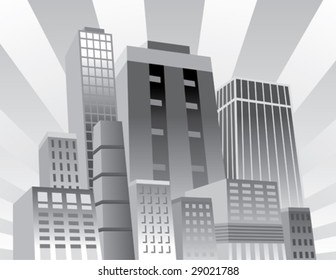 Vector illustration of an upbeat, confident city. Buildings are grouped. Background is on separate layer.