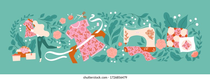 Vector illustration of upcycling process. A young woman recycling the old dress, sewing a set of cushions to reduce the waste. Ecological, environmentally friendly concept.