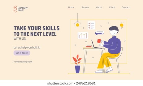 Vector Illustration of Upgrade Skill Service Landing Page with man remote work at cafe