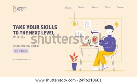 Vector Illustration of Upgrade Skill Service Landing Page with man remote work at cafe