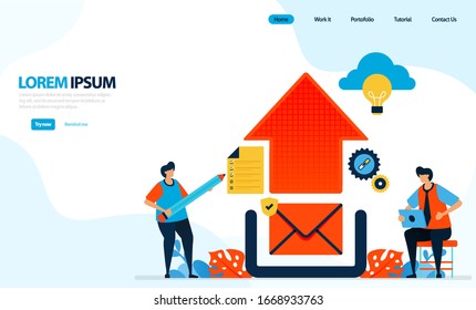Vector illustration of uploading graphic design. send email to cloud. internet network illustration. designed for landing page, template, ui ux, website, mobile app, flyer, brochure