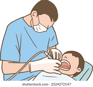Ilustração vetorial da parte superior do corpo do dentista e do paciente submetido ao tratamento