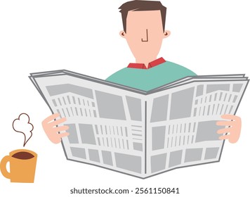 Vector illustration of an upper body of a man drinking coffee and reading a newspaper