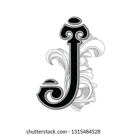 Vector illustration of uppercase ancient J letter with decorations isolated on white background.Antique Letter with baroque ornamentation. Elegant black capital letter to use monograms, logos,emblems