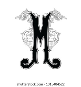 Vector illustration of uppercase ancient letter M with decorations isolated on white background.Antique Letter with baroque ornamentation. Elegant black capital letter to use monograms, logos,emblems
